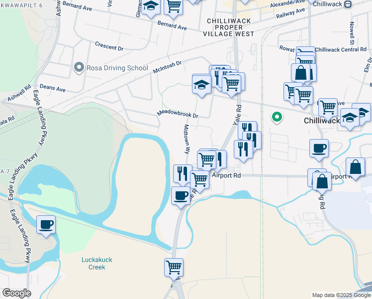 map of restaurants, bars, coffee shops, grocery stores, and more near 8413 Midtown Way in Chilliwack