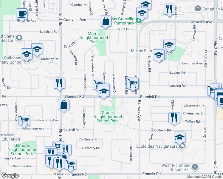 map of restaurants, bars, coffee shops, grocery stores, and more near 7931 Willowfield Drive in Richmond