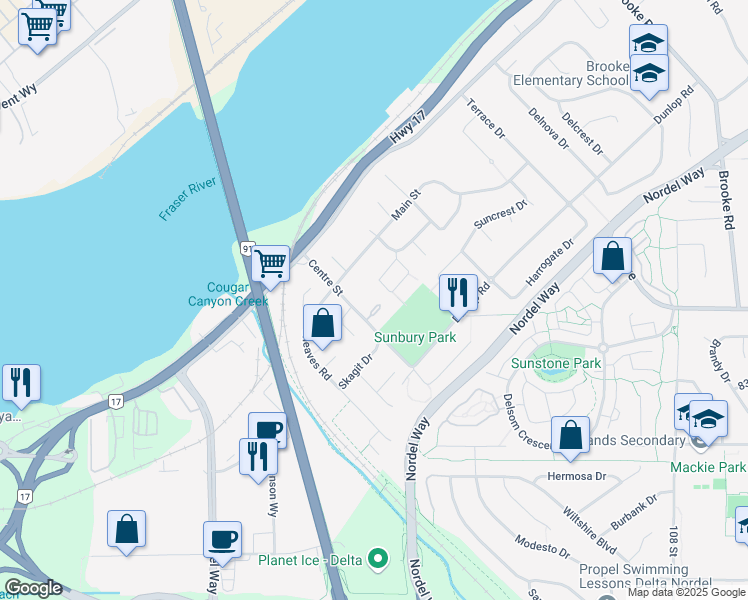 map of restaurants, bars, coffee shops, grocery stores, and more near 8390 Centre Street in Delta