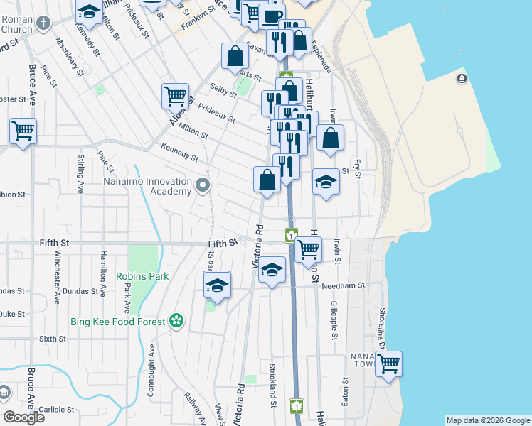 map of restaurants, bars, coffee shops, grocery stores, and more near 253 Victoria Road in Nanaimo
