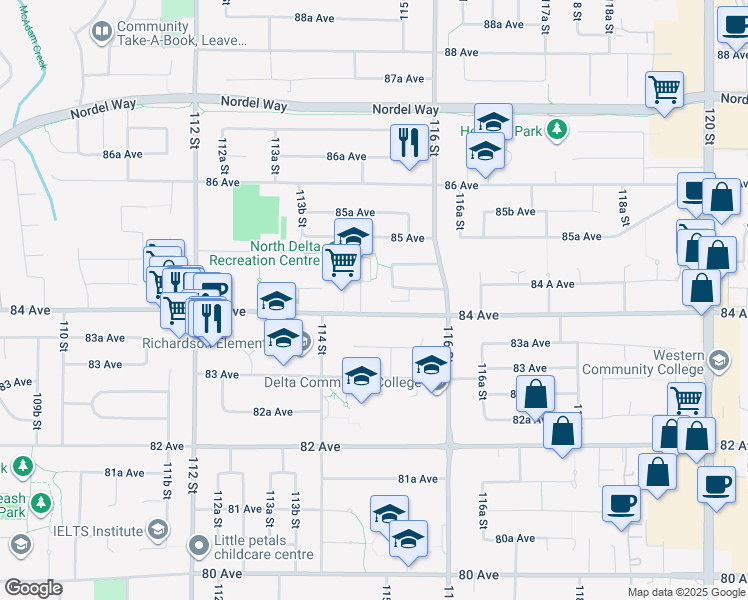map of restaurants, bars, coffee shops, grocery stores, and more near 8447 115 Street in Delta