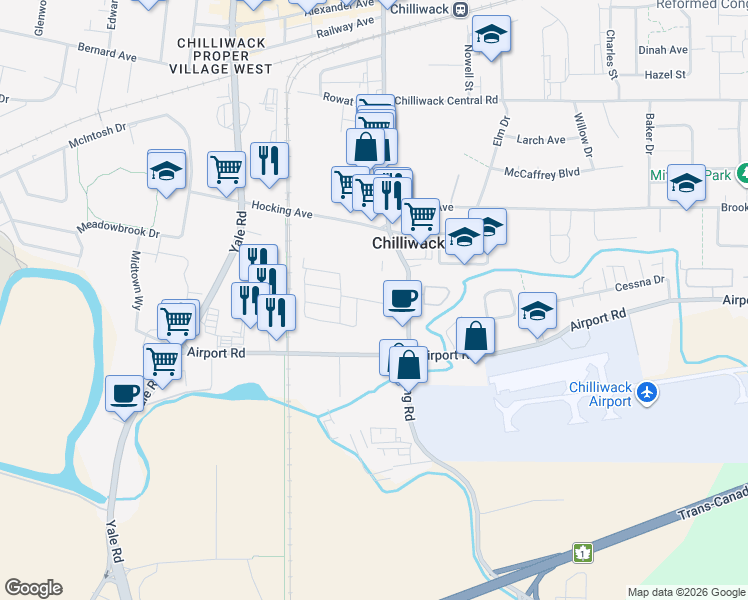 map of restaurants, bars, coffee shops, grocery stores, and more near in Chilliwack