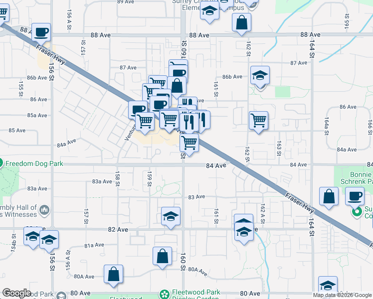 map of restaurants, bars, coffee shops, grocery stores, and more near 8488 160 Street in Surrey