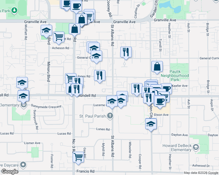 map of restaurants, bars, coffee shops, grocery stores, and more near 7695 Saint Albans Road in Richmond