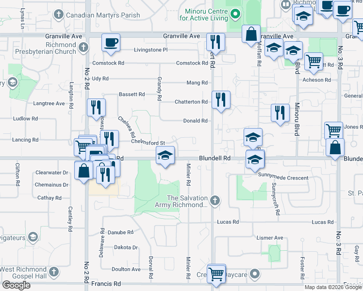 map of restaurants, bars, coffee shops, grocery stores, and more near 7640 Curzon Street in Richmond