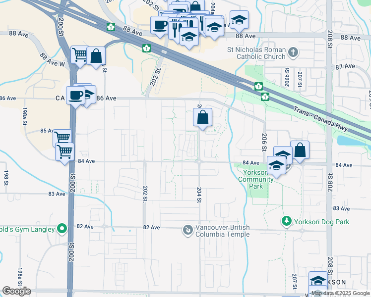 map of restaurants, bars, coffee shops, grocery stores, and more near 8430 203A Street in Langley Township