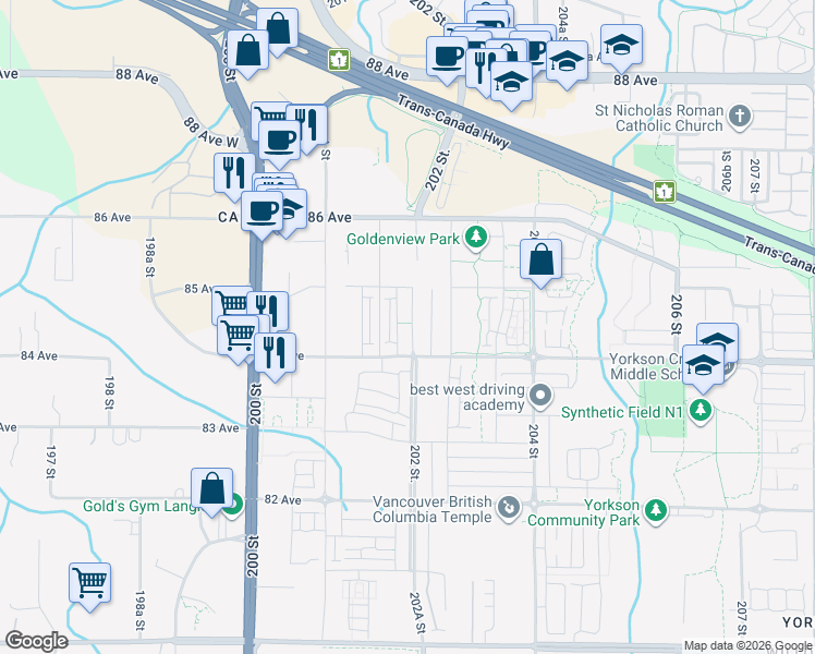 map of restaurants, bars, coffee shops, grocery stores, and more near 8447 202 Street in Langley Township