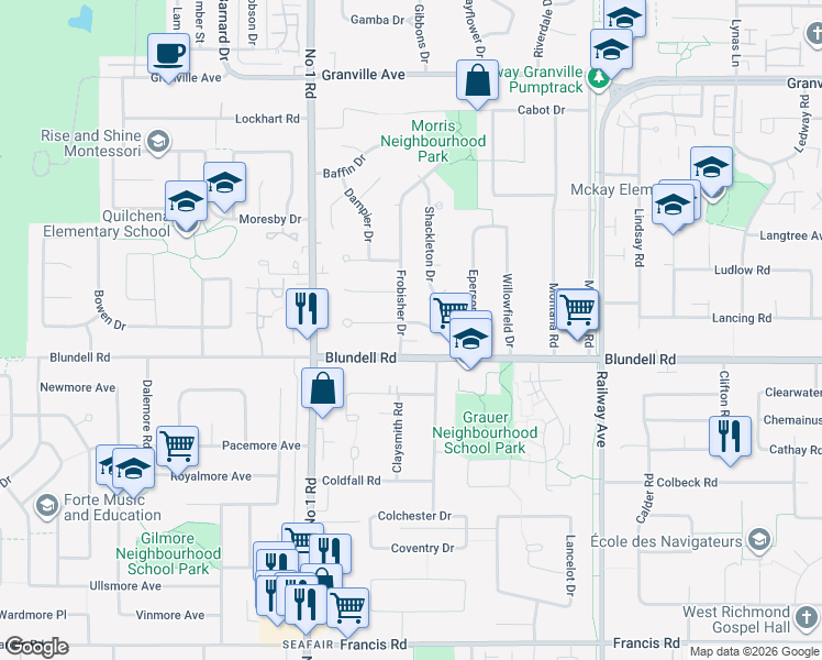 map of restaurants, bars, coffee shops, grocery stores, and more near 4240 Shackleton Gate in Richmond