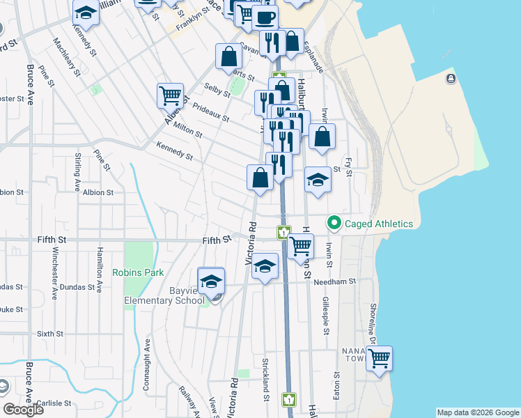 map of restaurants, bars, coffee shops, grocery stores, and more near 250 Victoria Road in Nanaimo
