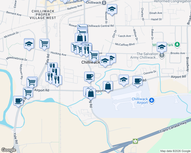 map of restaurants, bars, coffee shops, grocery stores, and more near 8500 Young Road in Chilliwack