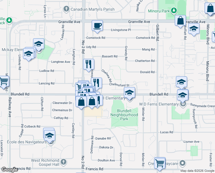 map of restaurants, bars, coffee shops, grocery stores, and more near 6340 Chelmsford Street in Richmond