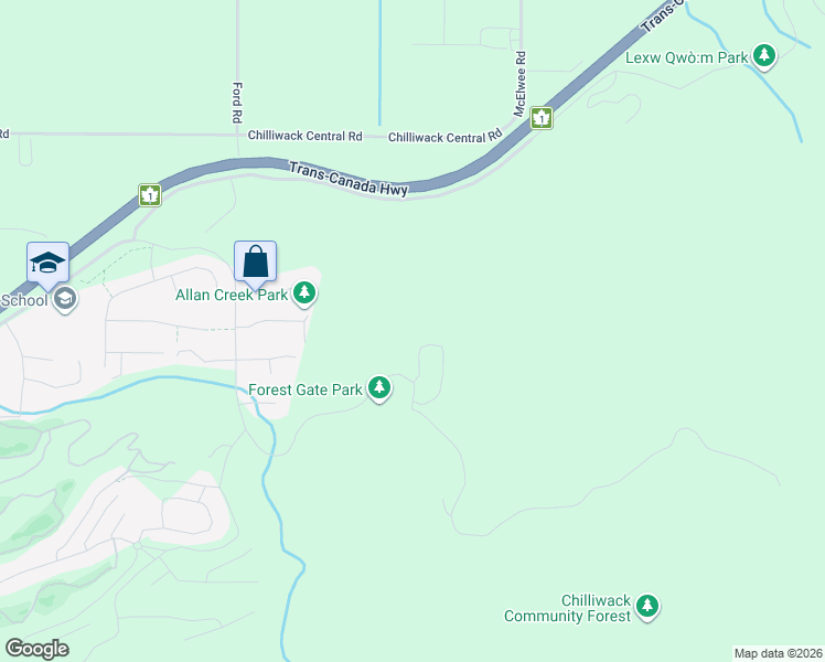 map of restaurants, bars, coffee shops, grocery stores, and more near Forest Gate Drive in Chilliwack
