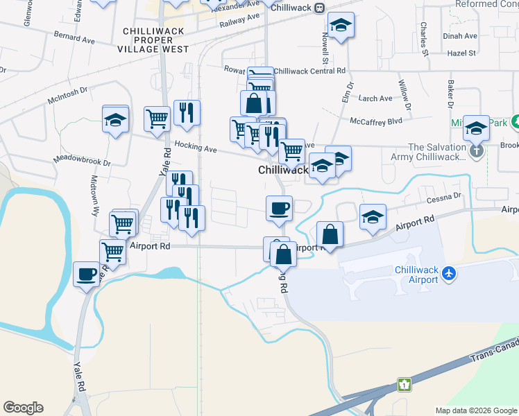 map of restaurants, bars, coffee shops, grocery stores, and more near in Chilliwack