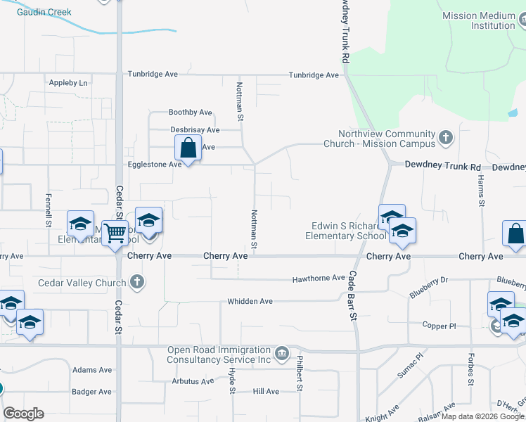 map of restaurants, bars, coffee shops, grocery stores, and more near 8502 Nottman Street in Mission