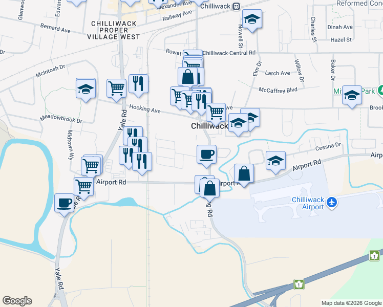 map of restaurants, bars, coffee shops, grocery stores, and more near in Chilliwack