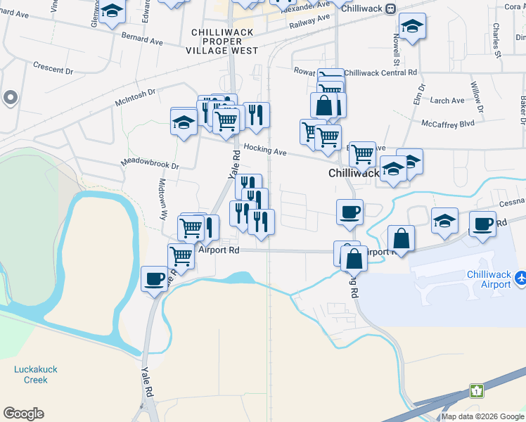 map of restaurants, bars, coffee shops, grocery stores, and more near 8472 Harvard Place in Chilliwack