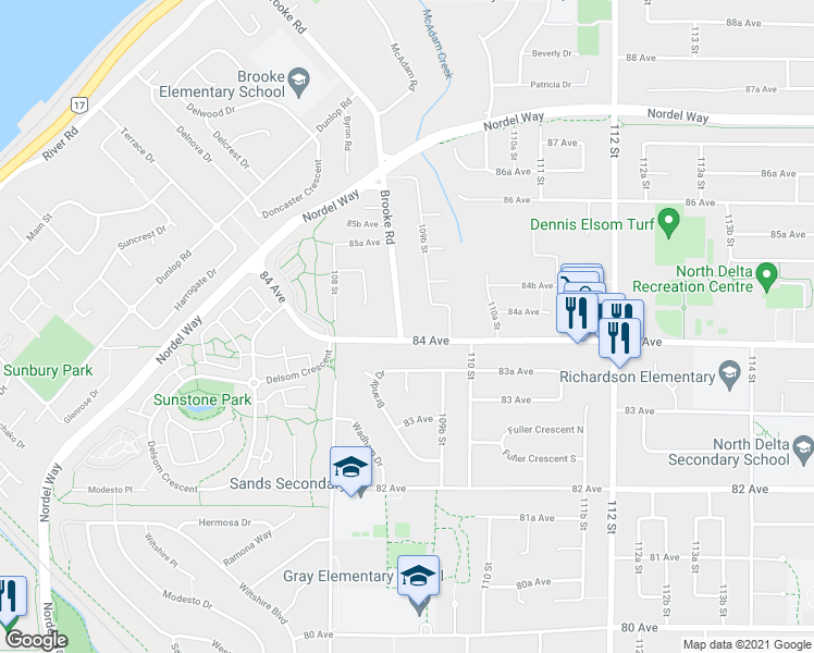 map of restaurants, bars, coffee shops, grocery stores, and more near 8418 Brooke Road in Delta