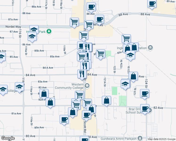 map of restaurants, bars, coffee shops, grocery stores, and more near 8434 120 Street in Surrey