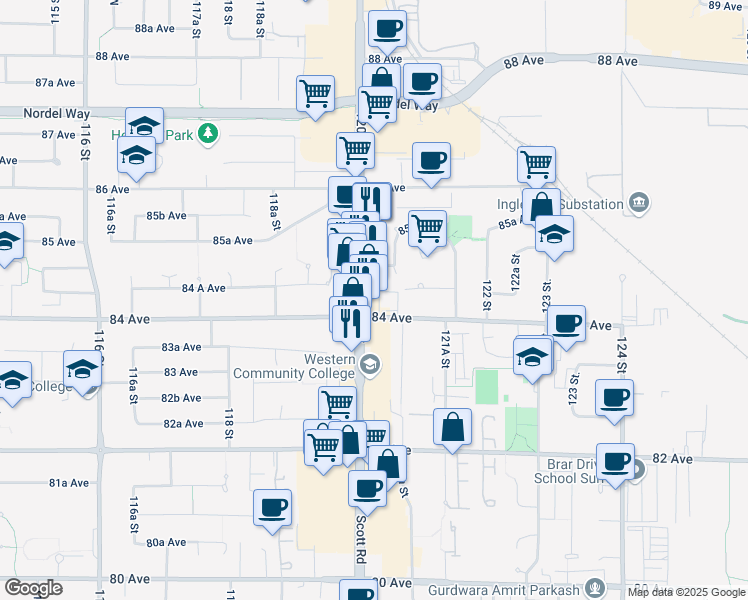 map of restaurants, bars, coffee shops, grocery stores, and more near 8434 120 Street in Surrey