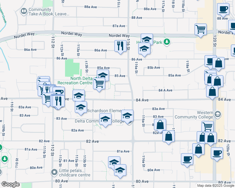 map of restaurants, bars, coffee shops, grocery stores, and more near 11528 84A Avenue in Delta