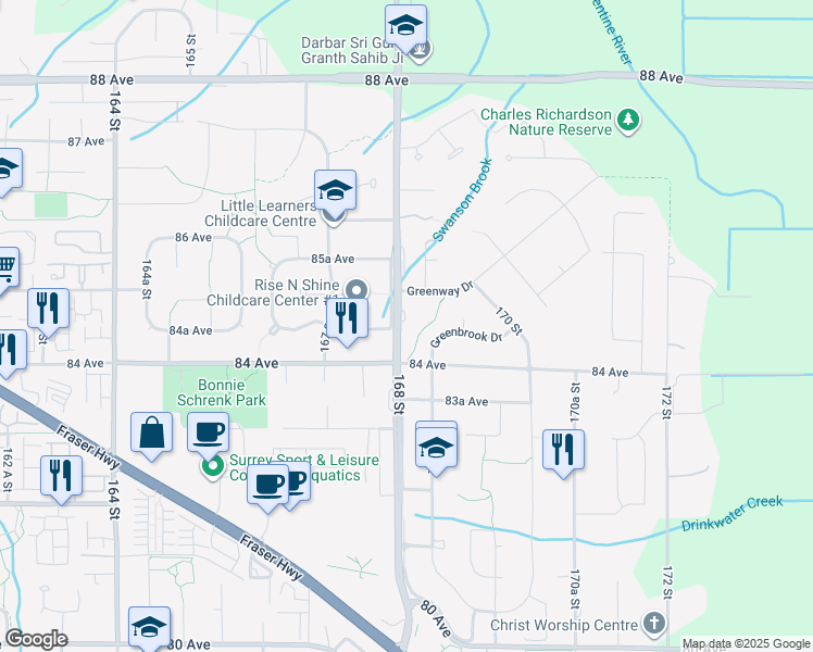 map of restaurants, bars, coffee shops, grocery stores, and more near 8450 168 Street in Surrey