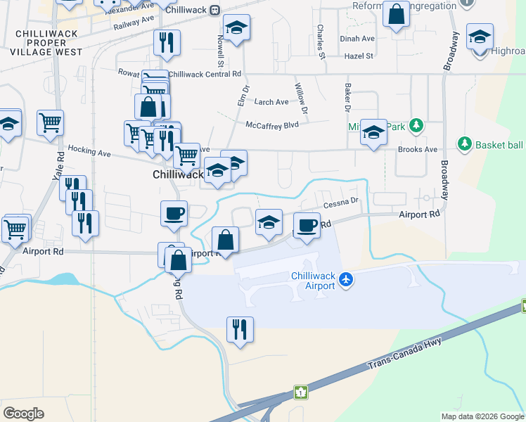 map of restaurants, bars, coffee shops, grocery stores, and more near 46191 Cessna Drive in Chilliwack