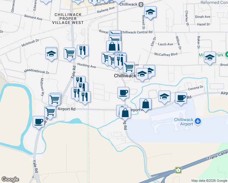 map of restaurants, bars, coffee shops, grocery stores, and more near 8497 Young Road in Chilliwack