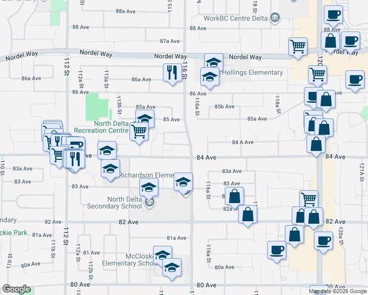 map of restaurants, bars, coffee shops, grocery stores, and more near 11522 84A Avenue in Delta