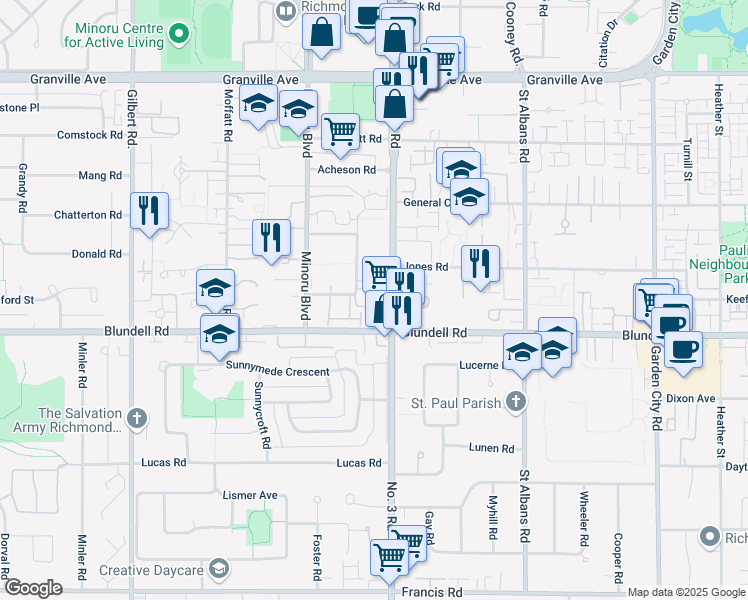 map of restaurants, bars, coffee shops, grocery stores, and more near 7820 Abercrombie Place in Richmond
