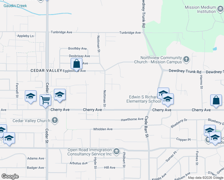 map of restaurants, bars, coffee shops, grocery stores, and more near 8511 Benedict Boulivard in Mission