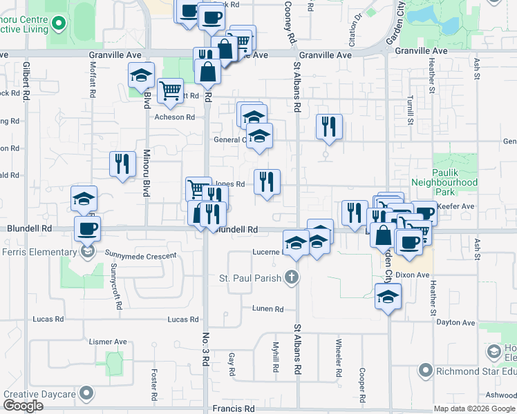 map of restaurants, bars, coffee shops, grocery stores, and more near in Richmond