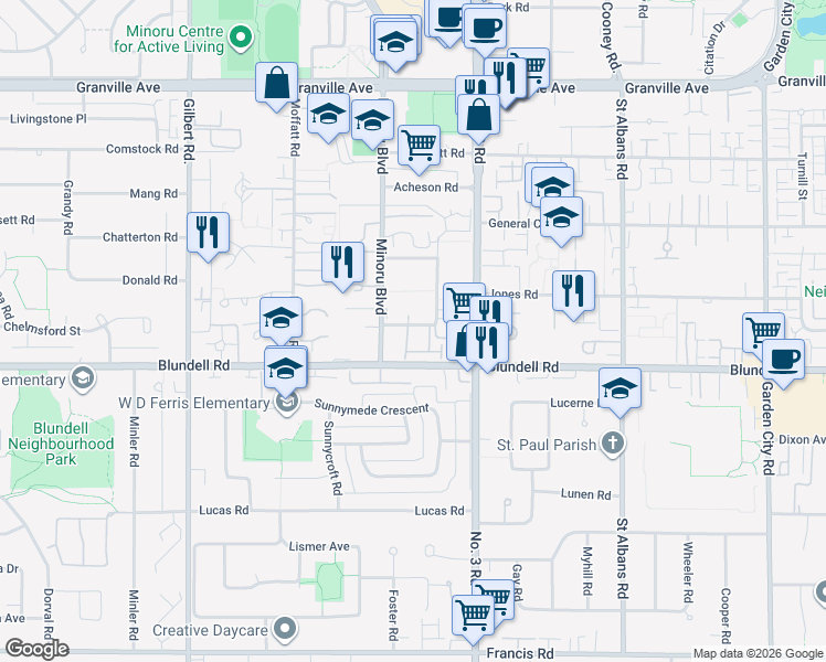 map of restaurants, bars, coffee shops, grocery stores, and more near 7740 Abercrombie Drive in Richmond