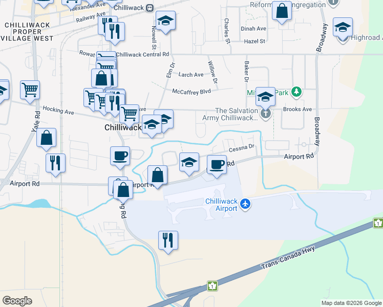 map of restaurants, bars, coffee shops, grocery stores, and more near 46209 Cessna Drive in Chilliwack
