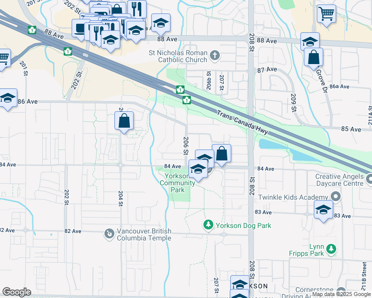 map of restaurants, bars, coffee shops, grocery stores, and more near 6801 206 Street in Langley