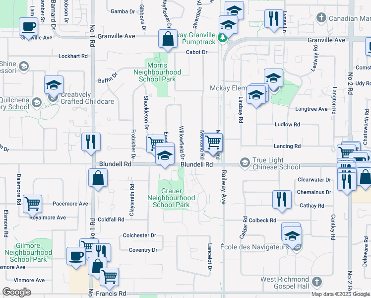 map of restaurants, bars, coffee shops, grocery stores, and more near 7900 Willowfield Drive in Richmond