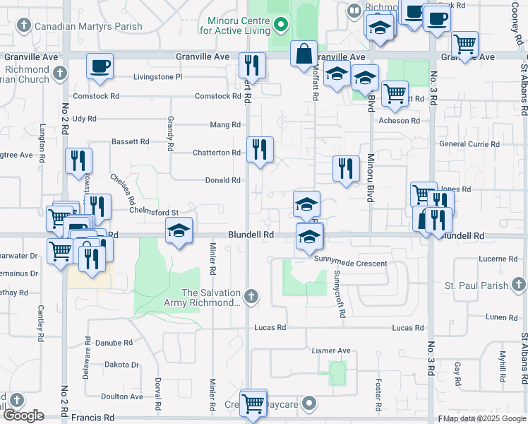map of restaurants, bars, coffee shops, grocery stores, and more near 301-7031 Blundell Road in Richmond