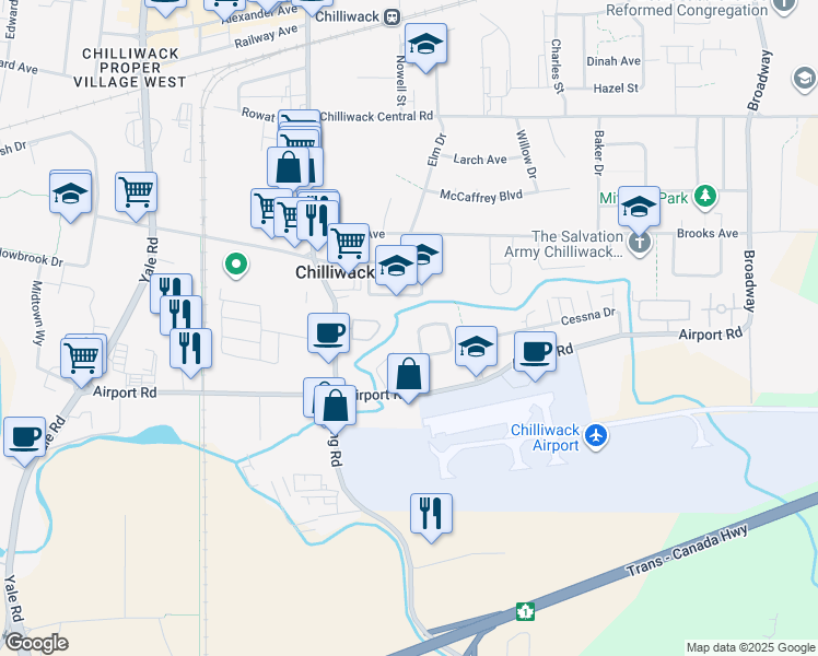 map of restaurants, bars, coffee shops, grocery stores, and more near 8474 Hilton Drive in Chilliwack