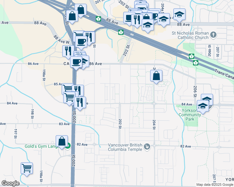 map of restaurants, bars, coffee shops, grocery stores, and more near 8447 202 Street in Langley