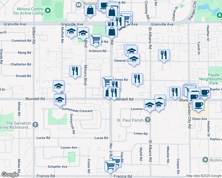 map of restaurants, bars, coffee shops, grocery stores, and more near 7805 Number 3 Road in Richmond