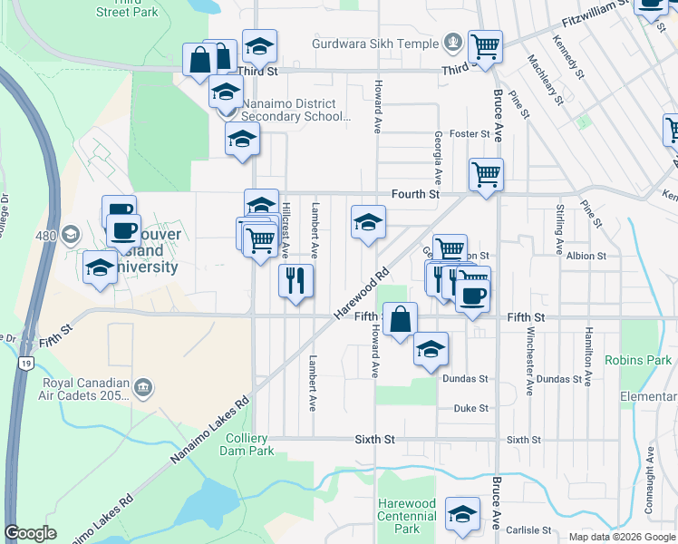 map of restaurants, bars, coffee shops, grocery stores, and more near 455 Watfield Avenue in Nanaimo