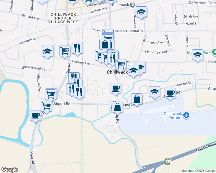 map of restaurants, bars, coffee shops, grocery stores, and more near 8497 Young Road in Chilliwack
