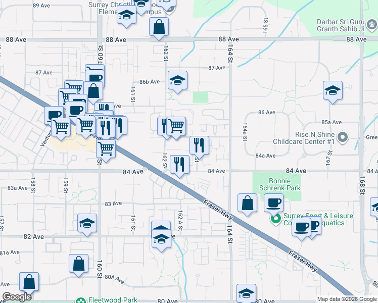 map of restaurants, bars, coffee shops, grocery stores, and more near 8473 163 Street in Surrey