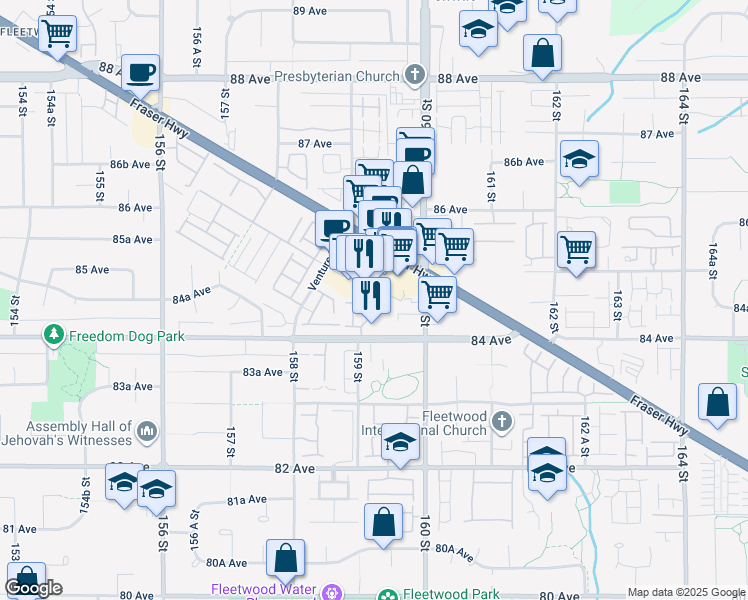 map of restaurants, bars, coffee shops, grocery stores, and more near 15885 84 Avenue in Surrey