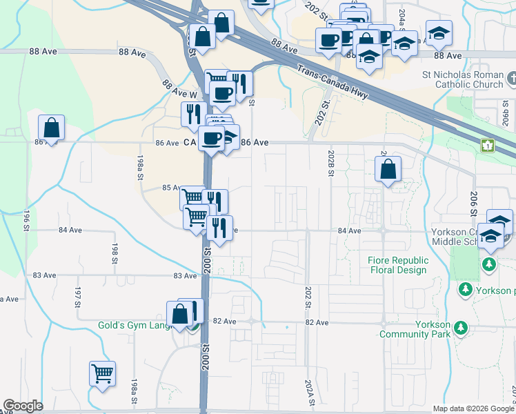 map of restaurants, bars, coffee shops, grocery stores, and more near 20117 84 Avenue in Langley Township