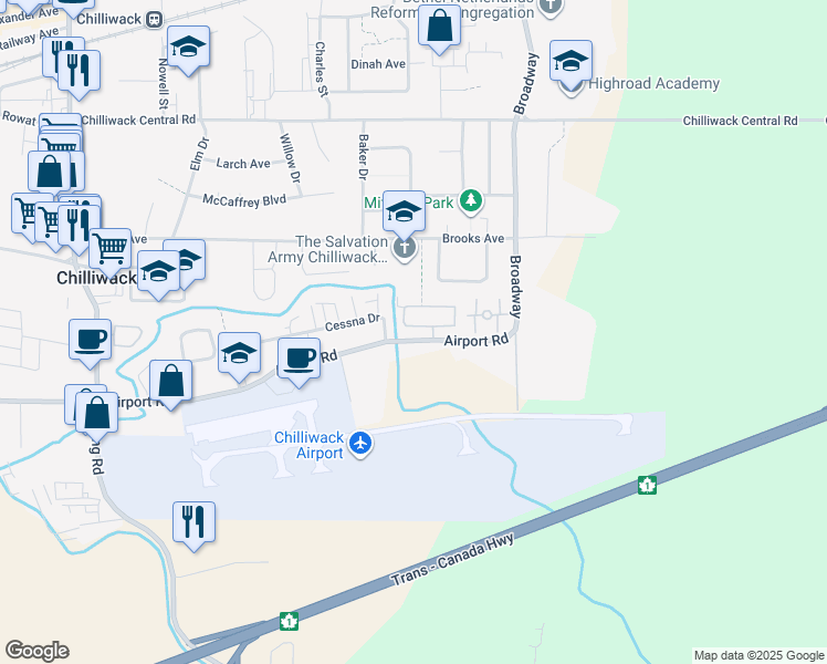 map of restaurants, bars, coffee shops, grocery stores, and more near 46485 Airport Road in Chilliwack