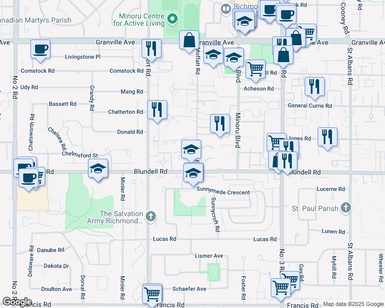 map of restaurants, bars, coffee shops, grocery stores, and more near 7711 Moffatt Road in Richmond