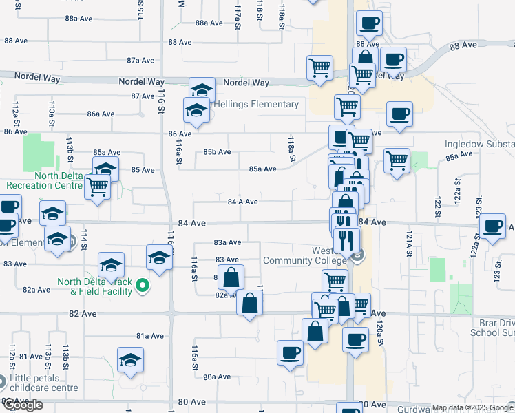 map of restaurants, bars, coffee shops, grocery stores, and more near 11790 84A Avenue in Delta