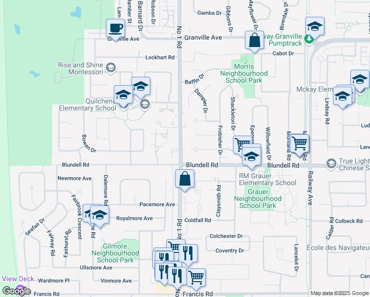 map of restaurants, bars, coffee shops, grocery stores, and more near 7720 Number 1 Road in Richmond
