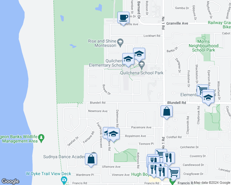 map of restaurants, bars, coffee shops, grocery stores, and more near 3571 Bowen Drive in Richmond