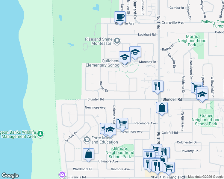 map of restaurants, bars, coffee shops, grocery stores, and more near 3571 Bowen Drive in Richmond